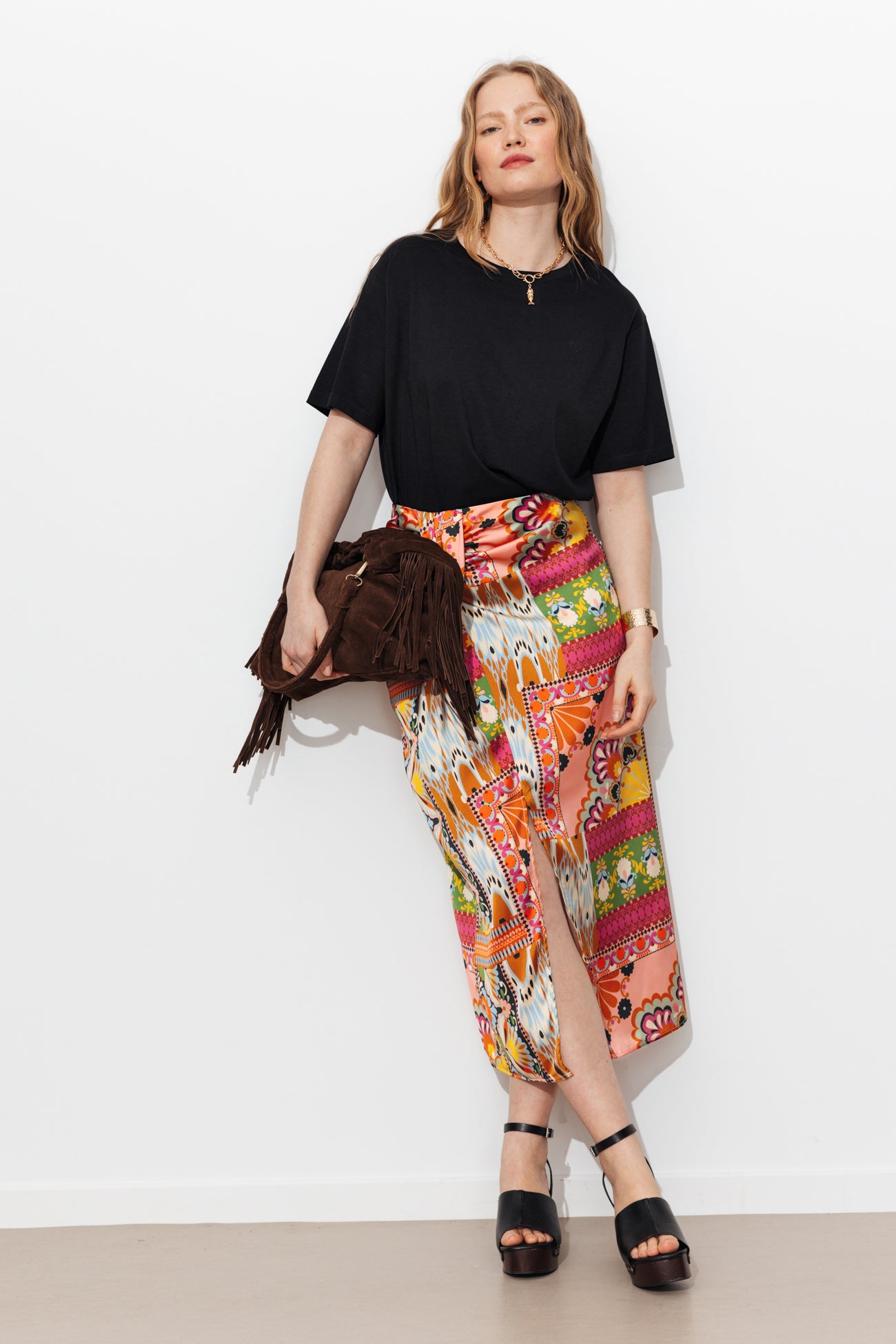 Saia midi de seda estampada