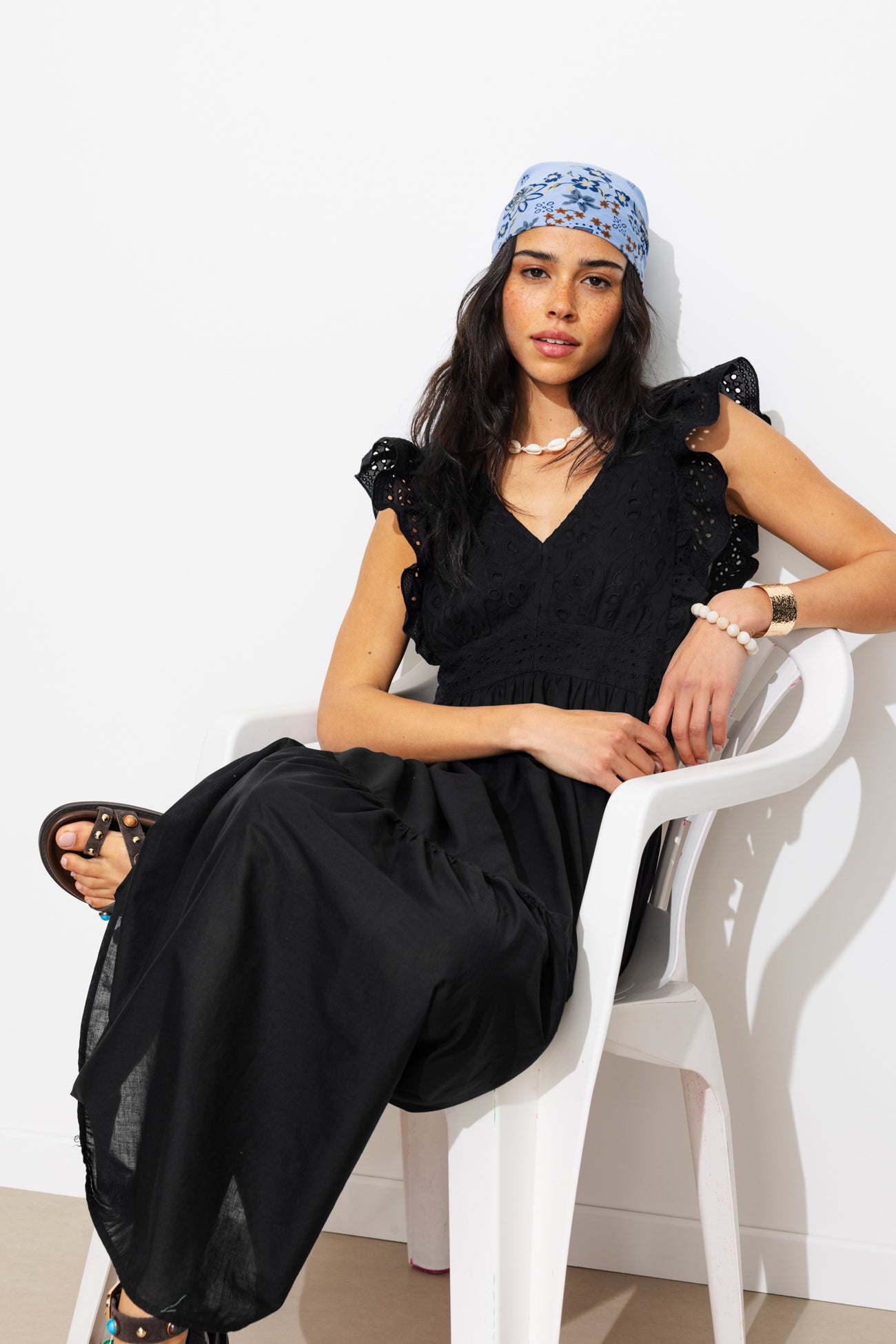 Vestido longo com bordado inglês